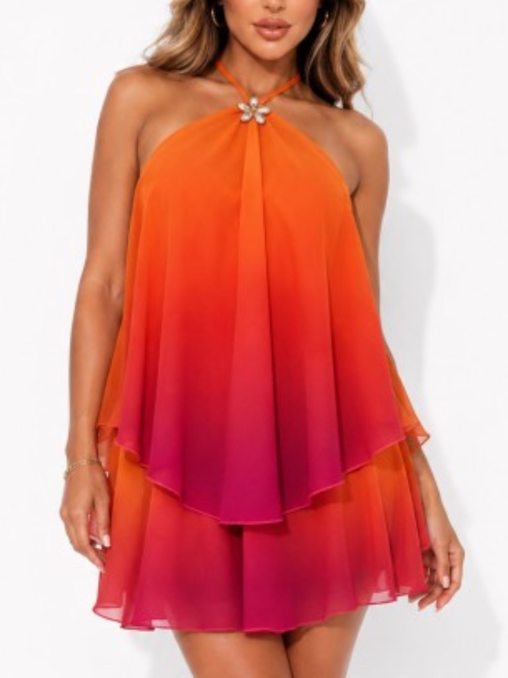 OMBRÉ SLEEVELESS HALTER TOP LAYERED CHIFFON BACKLESS MINI DRESS NWOT - Picture 5 of 16
